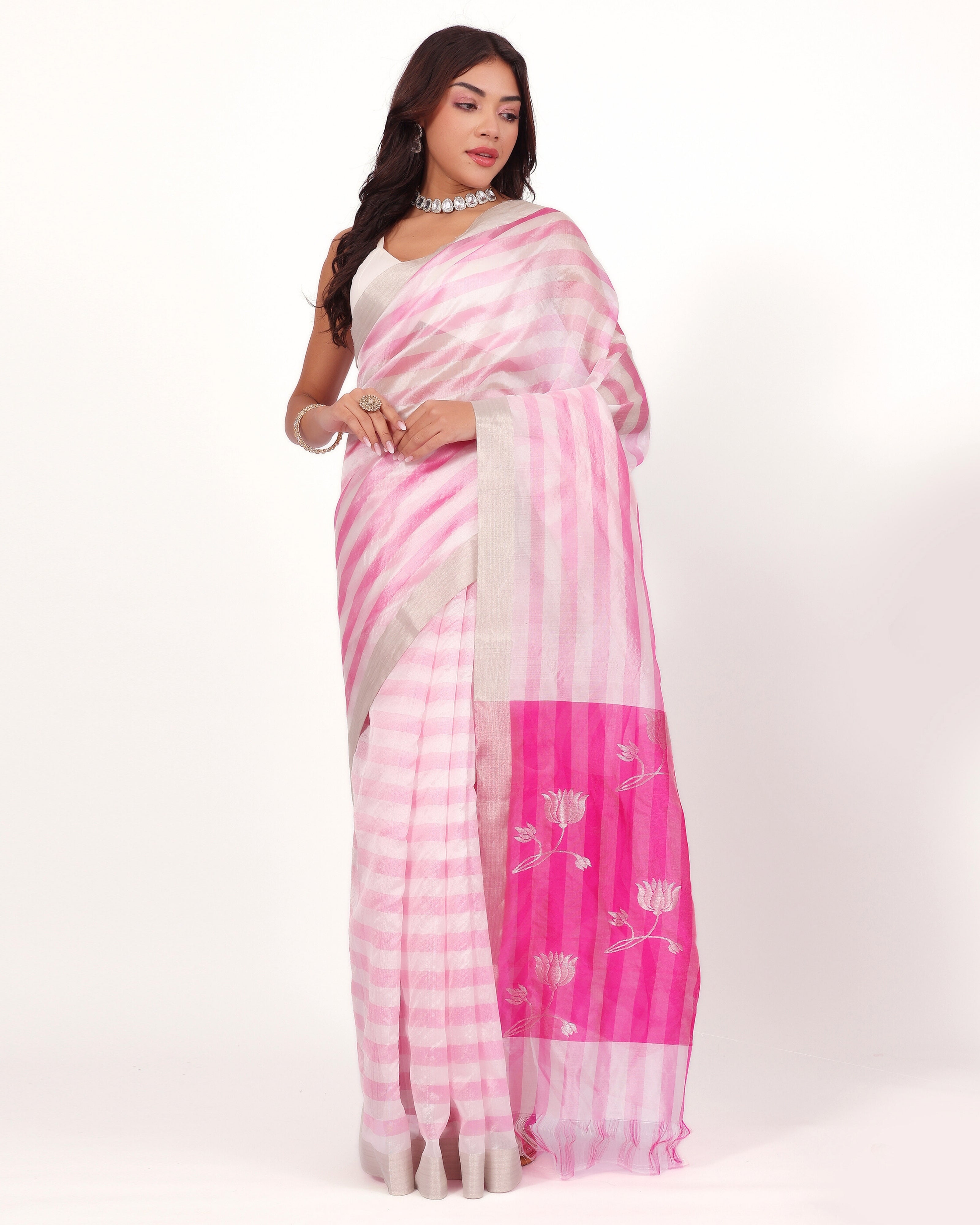 Pink Floral Handloom Chanderi Tissue Saree