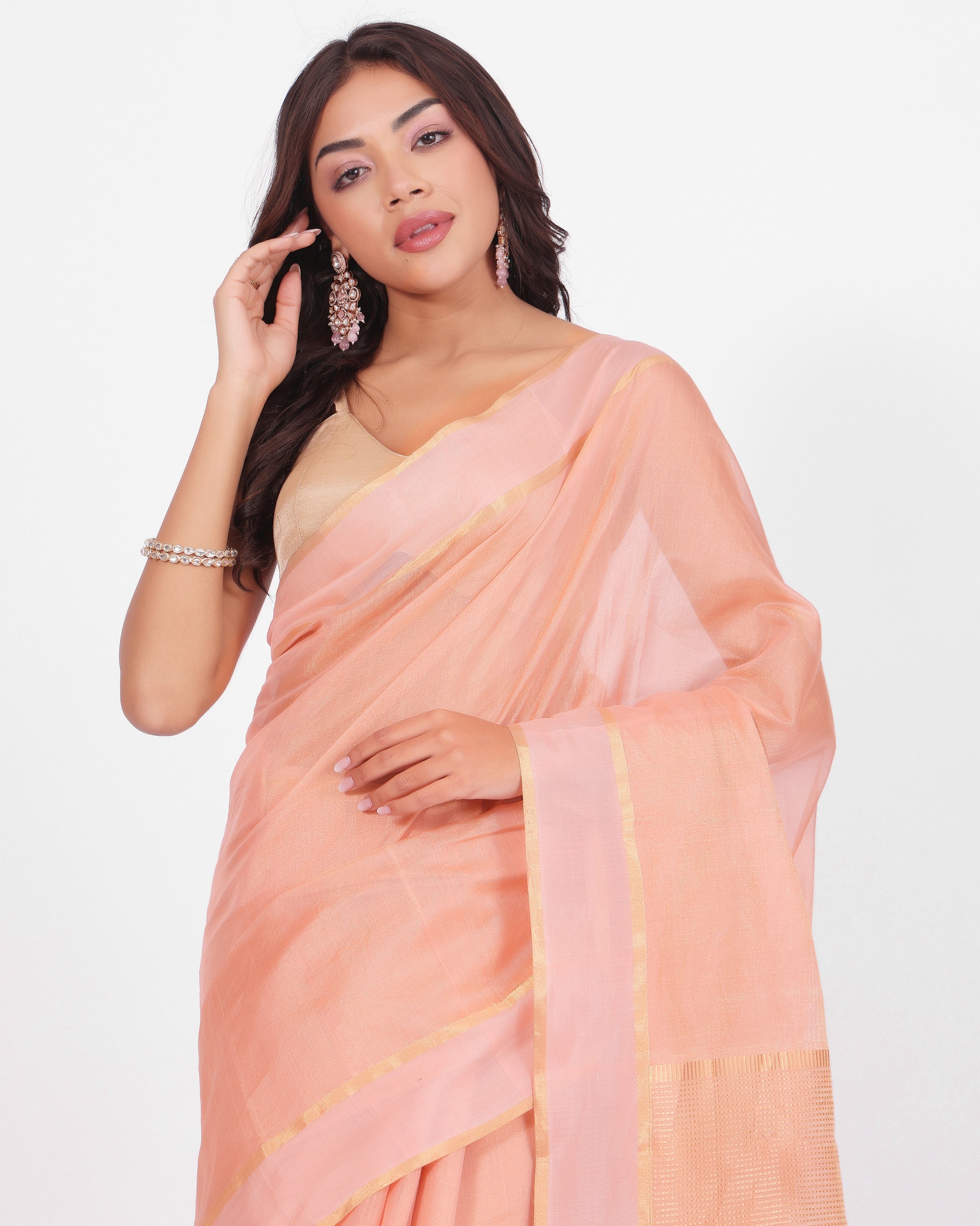 Peach Handloom Chanderi Tissue Saree