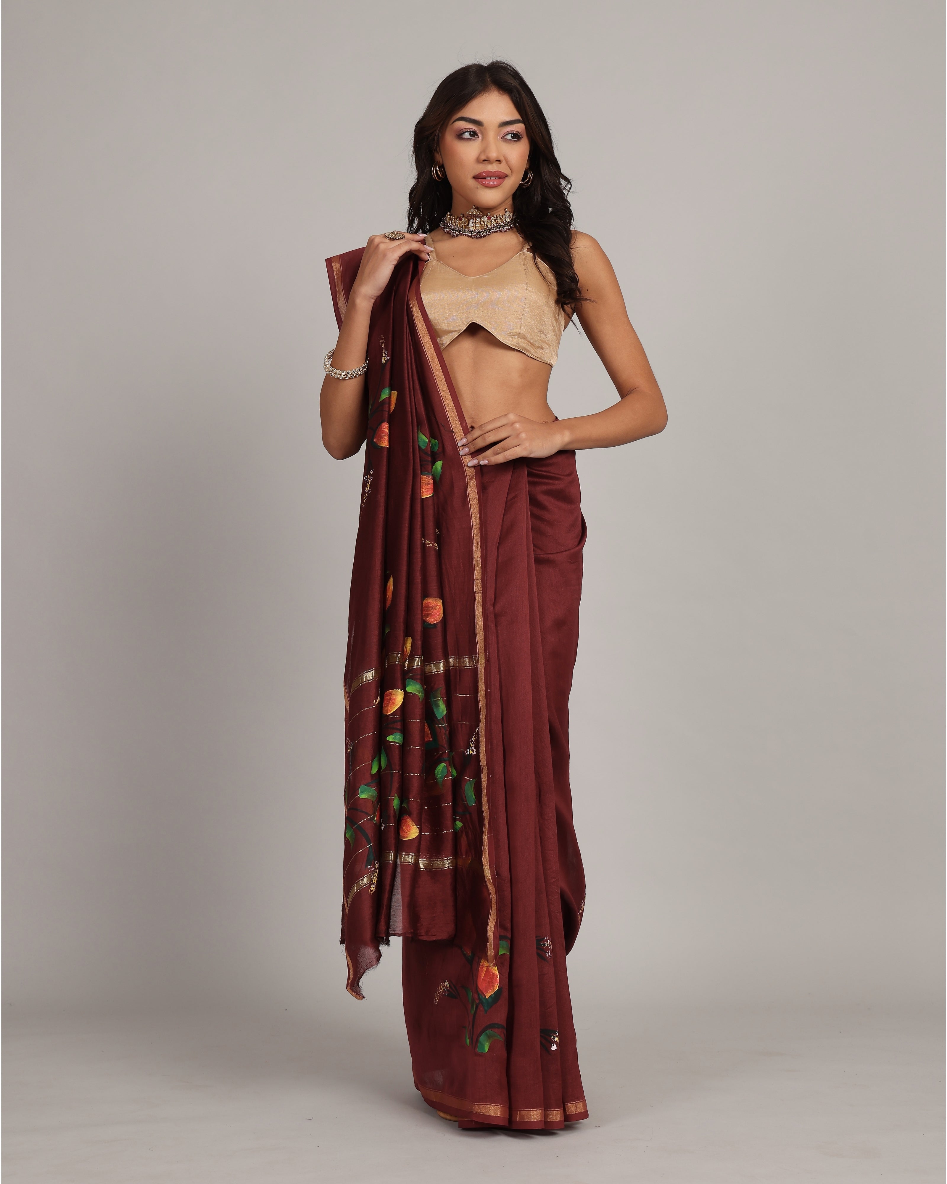 Wine Red Floral Chanderi Saree