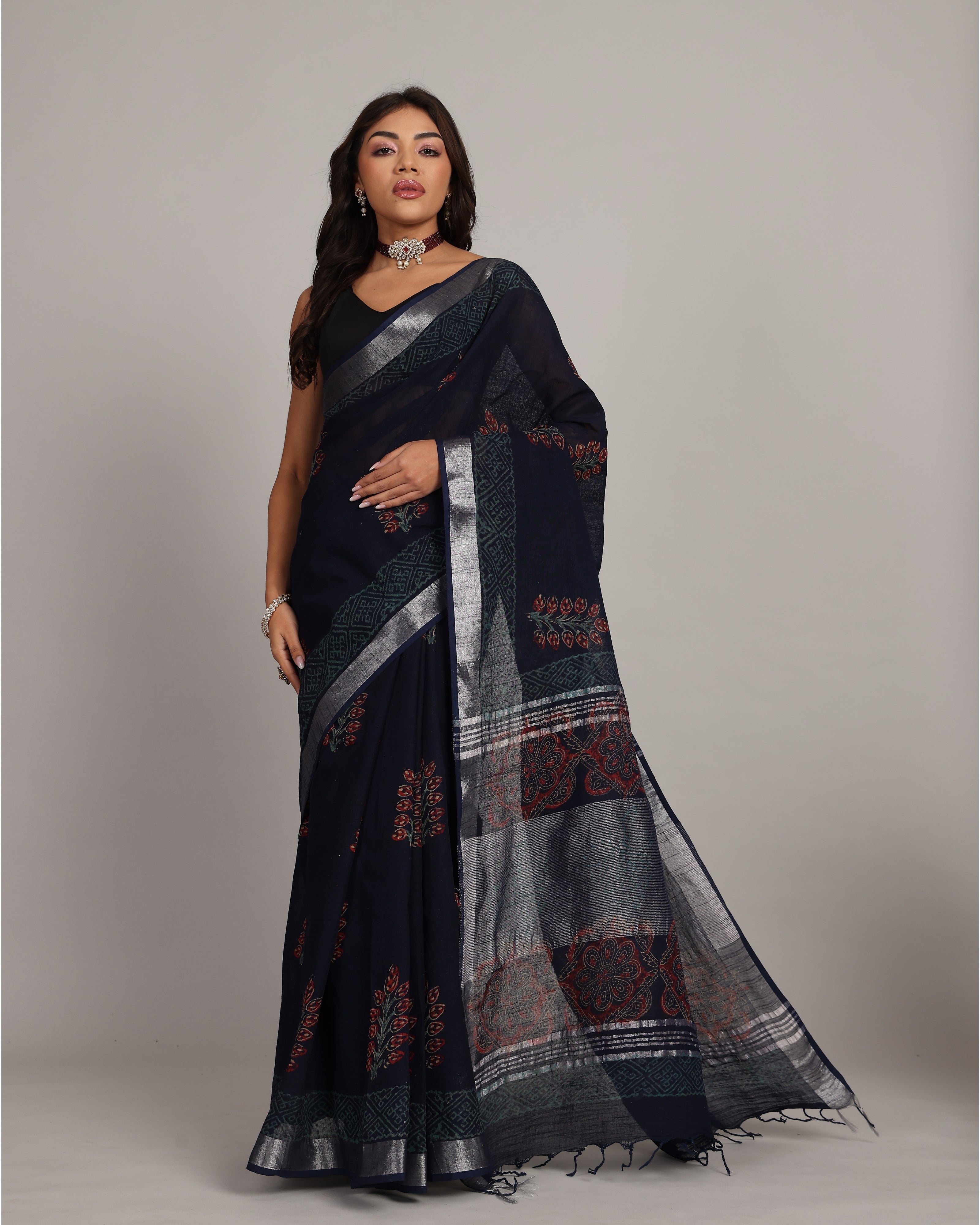 Midnight Blue Cotton Linen Saree