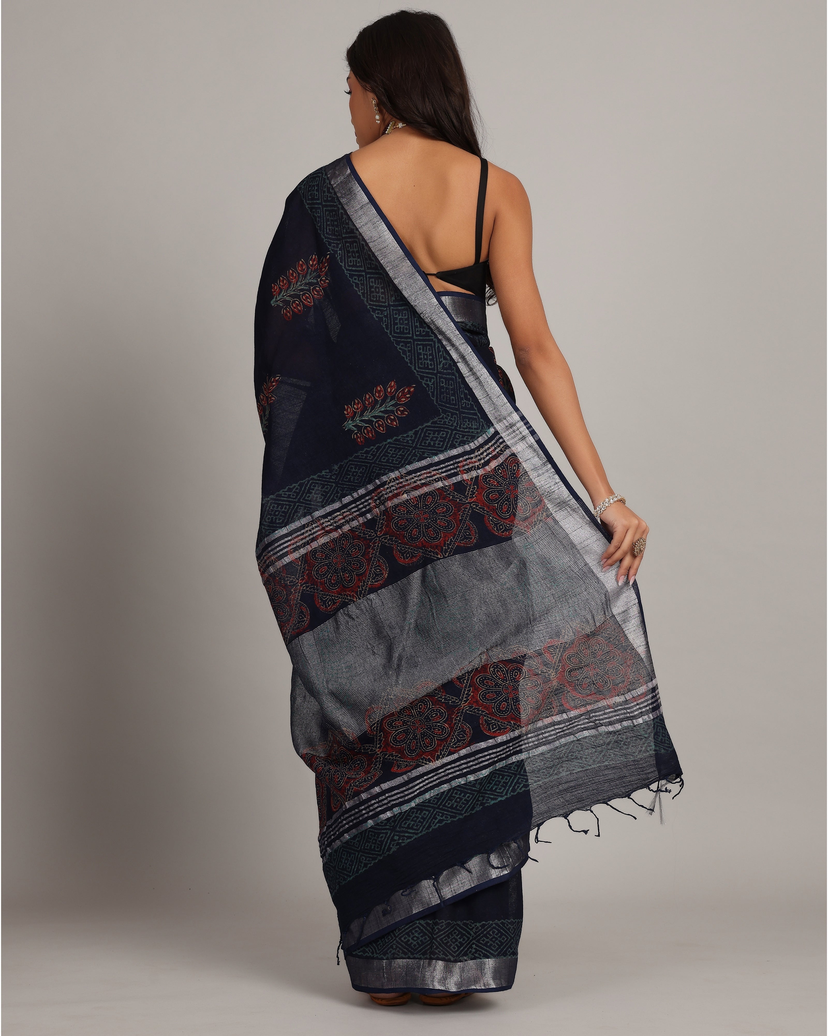 Midnight Blue Cotton Linen Saree