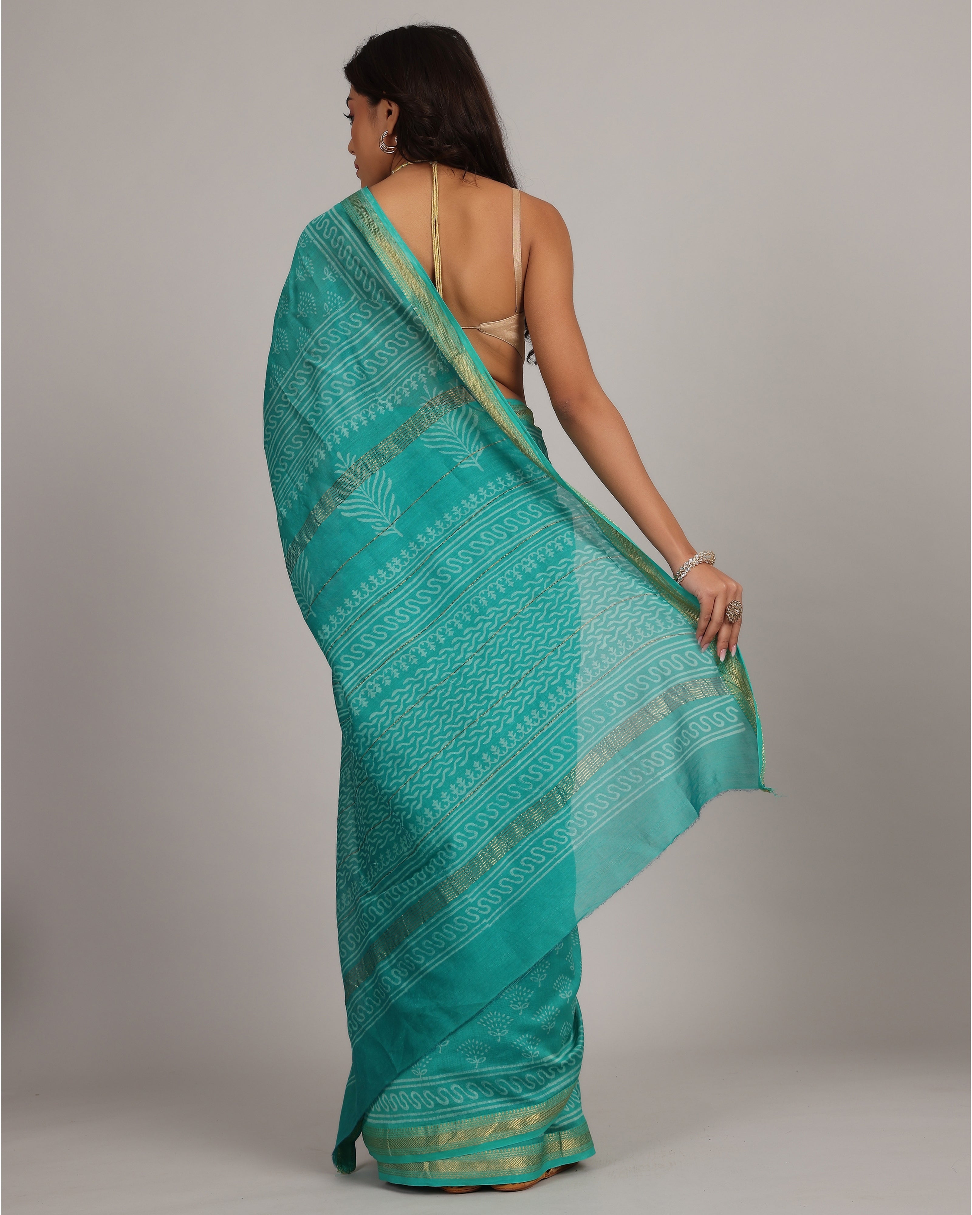 Twilight Teal Floral Maheshwari Saree