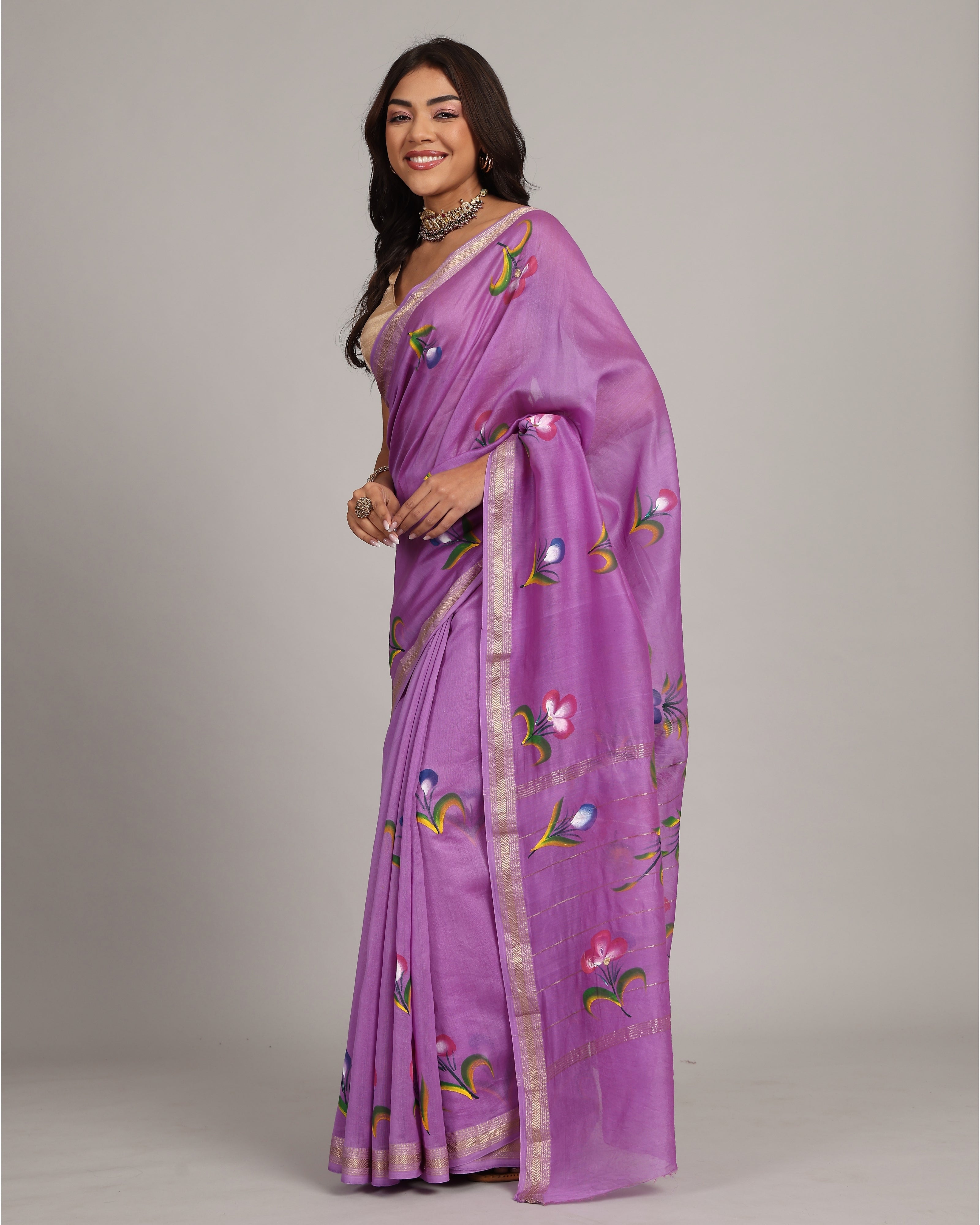 Lilac Floral Maheshwari Saree