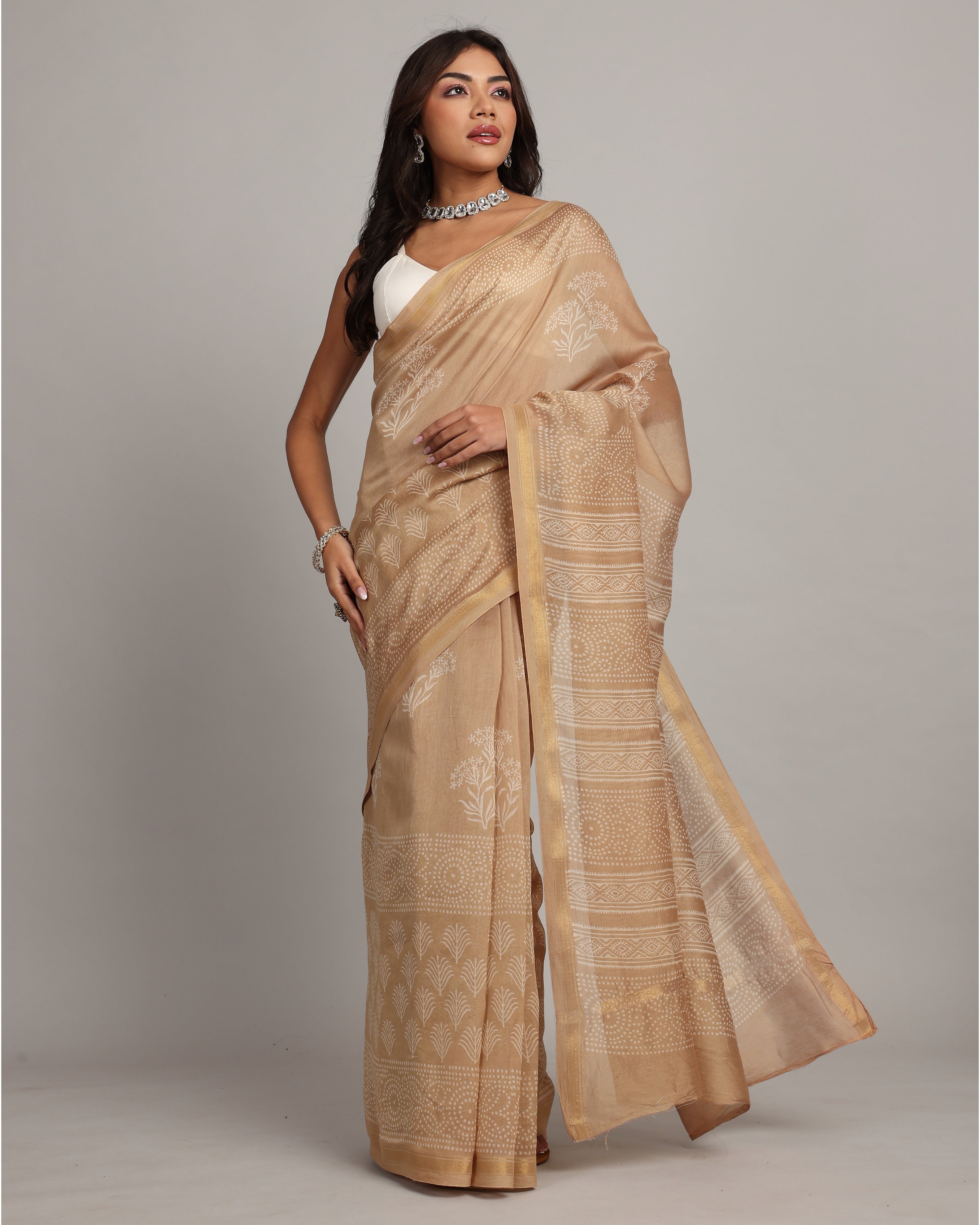 Golden Beige Floral Chanderi Saree