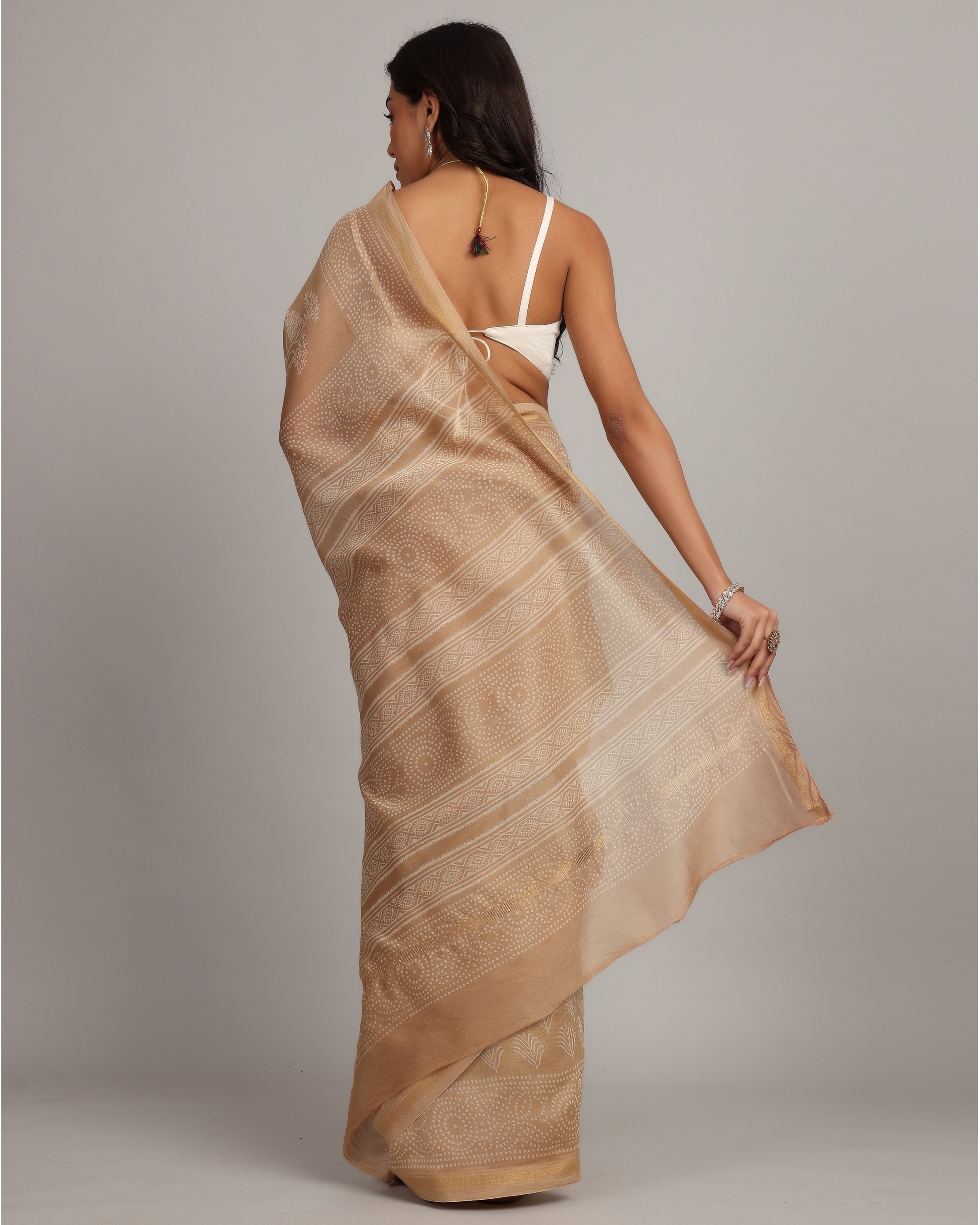 Golden Beige Floral Chanderi Saree