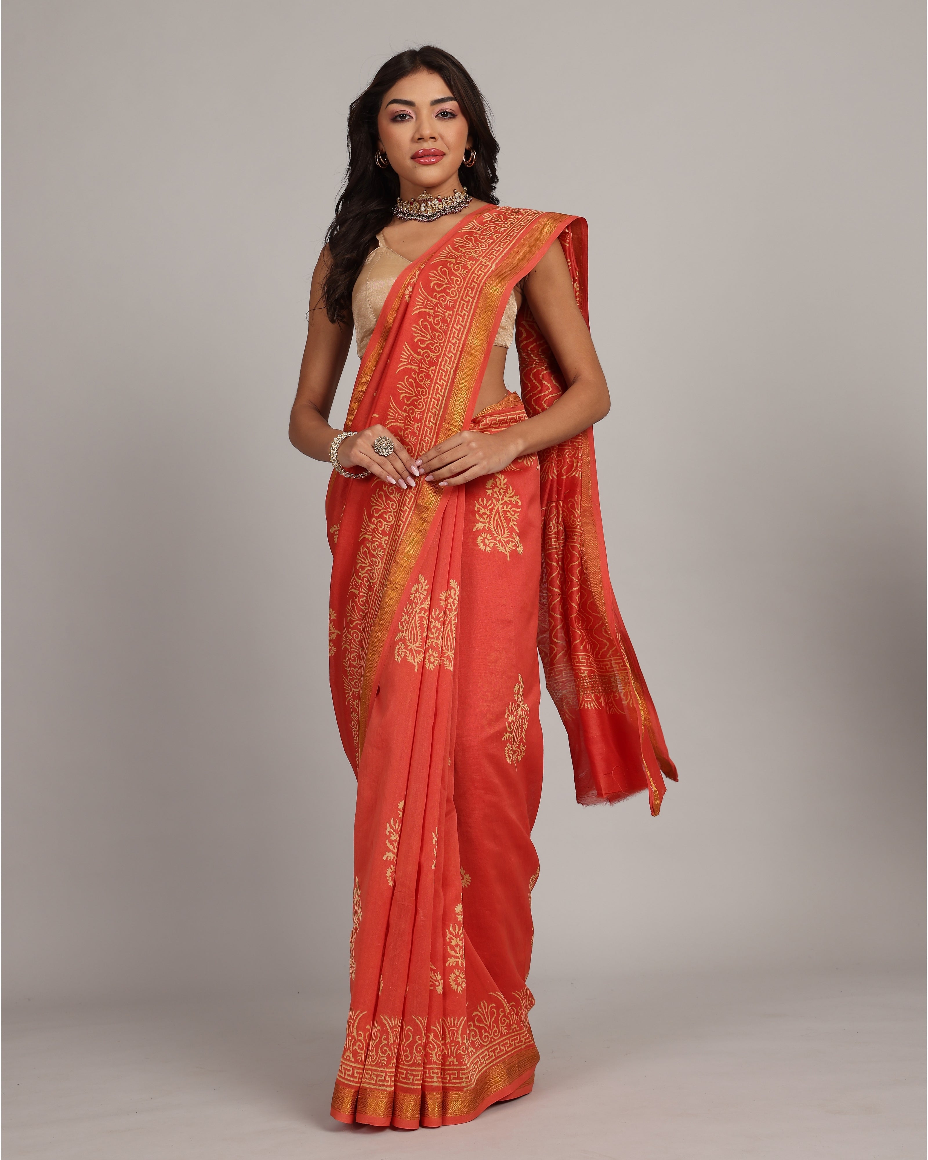 Golden Hour Orange Maheshwari Saree