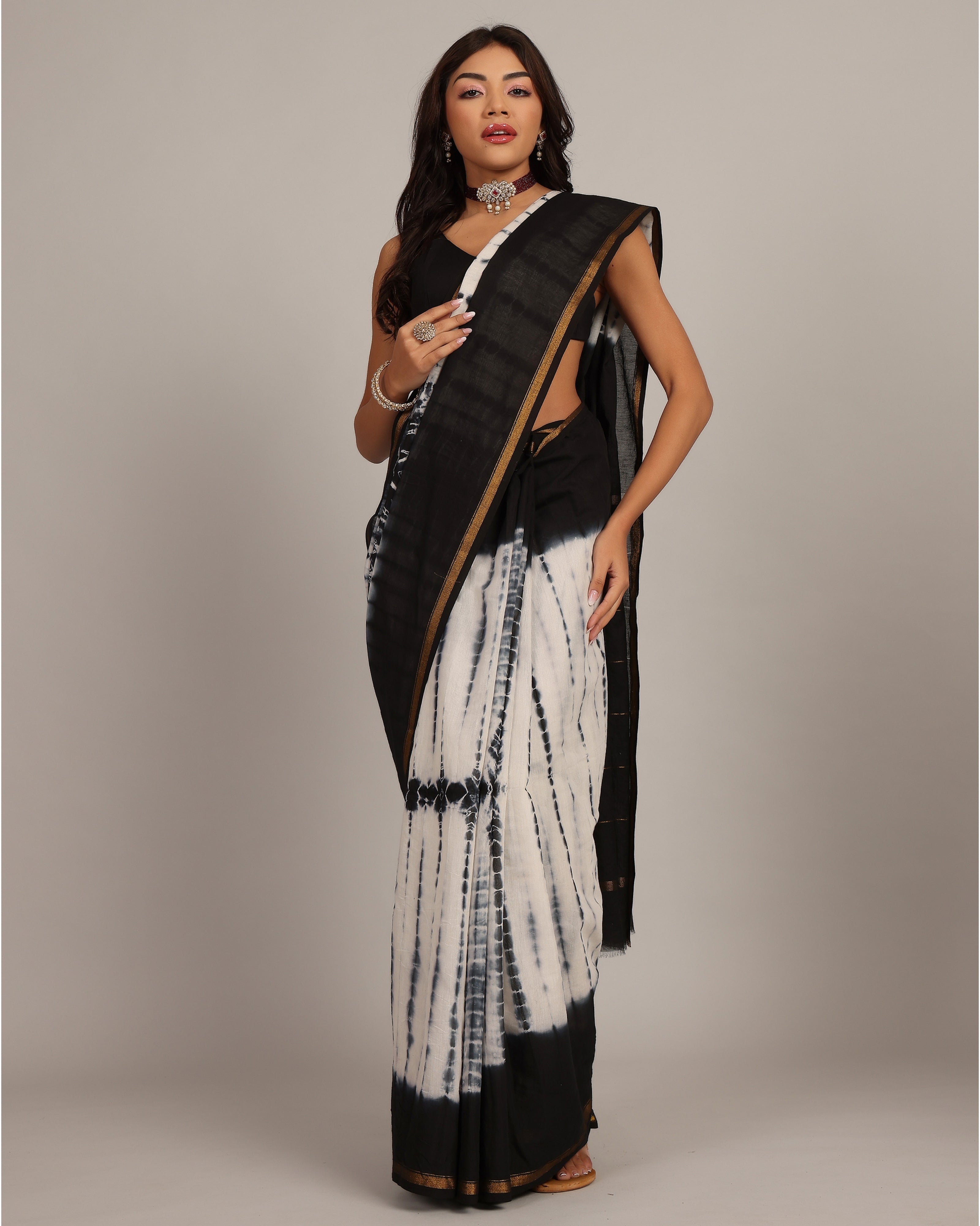 Black-White Chanderi Tie & Dye Saree