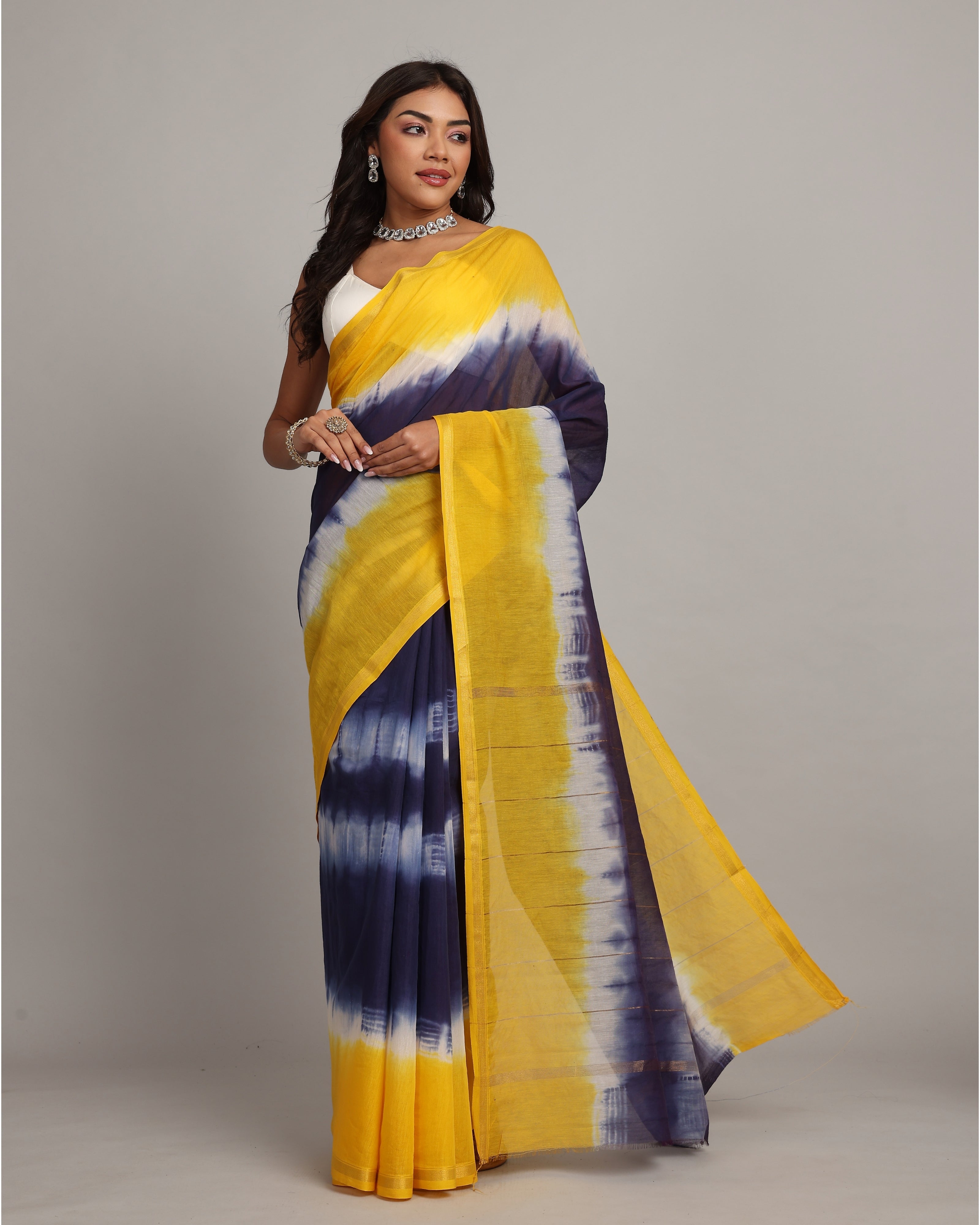 Yellow-Blue Chanderi Tie & Dye Saree