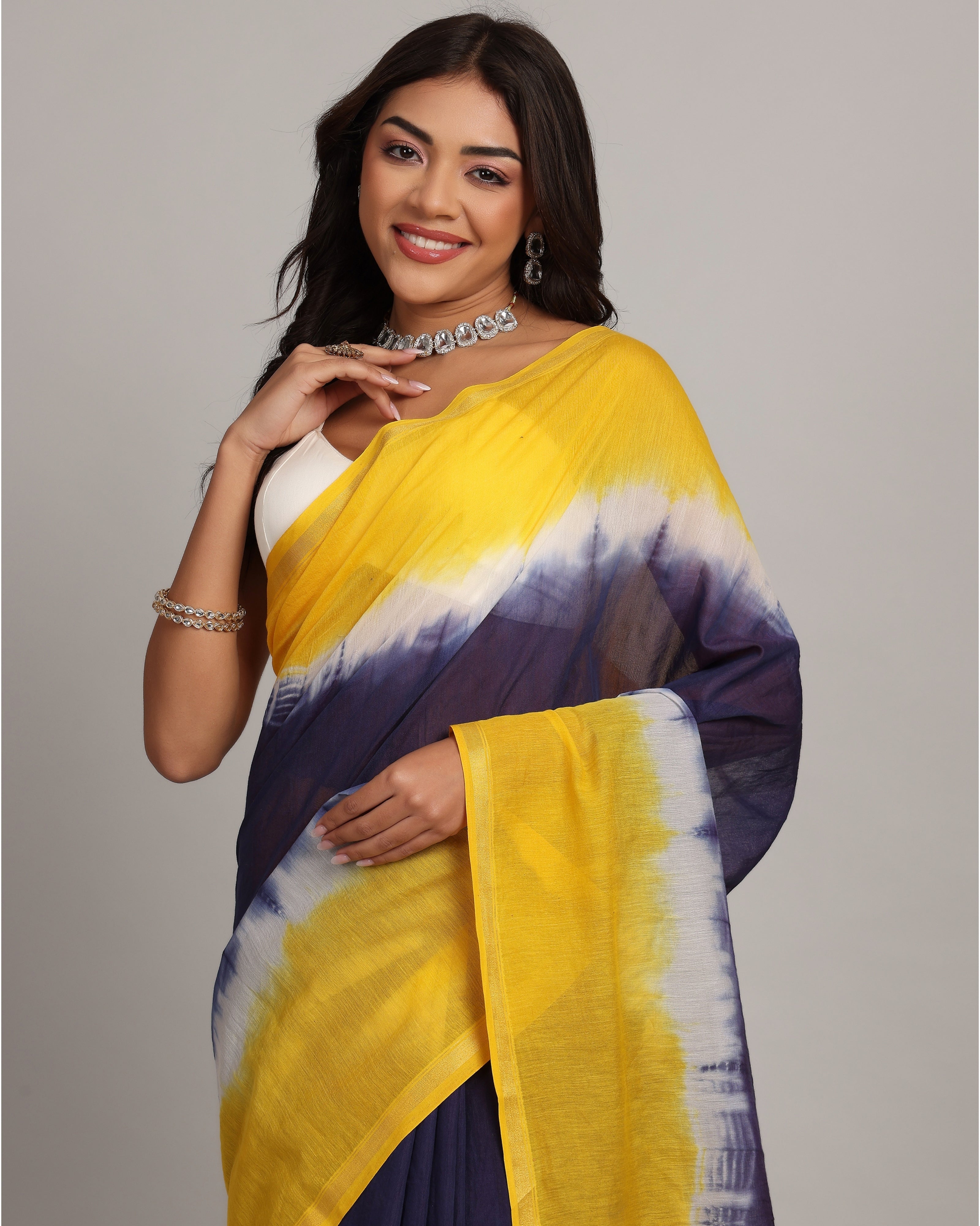 Yellow-Blue Chanderi Tie & Dye Saree