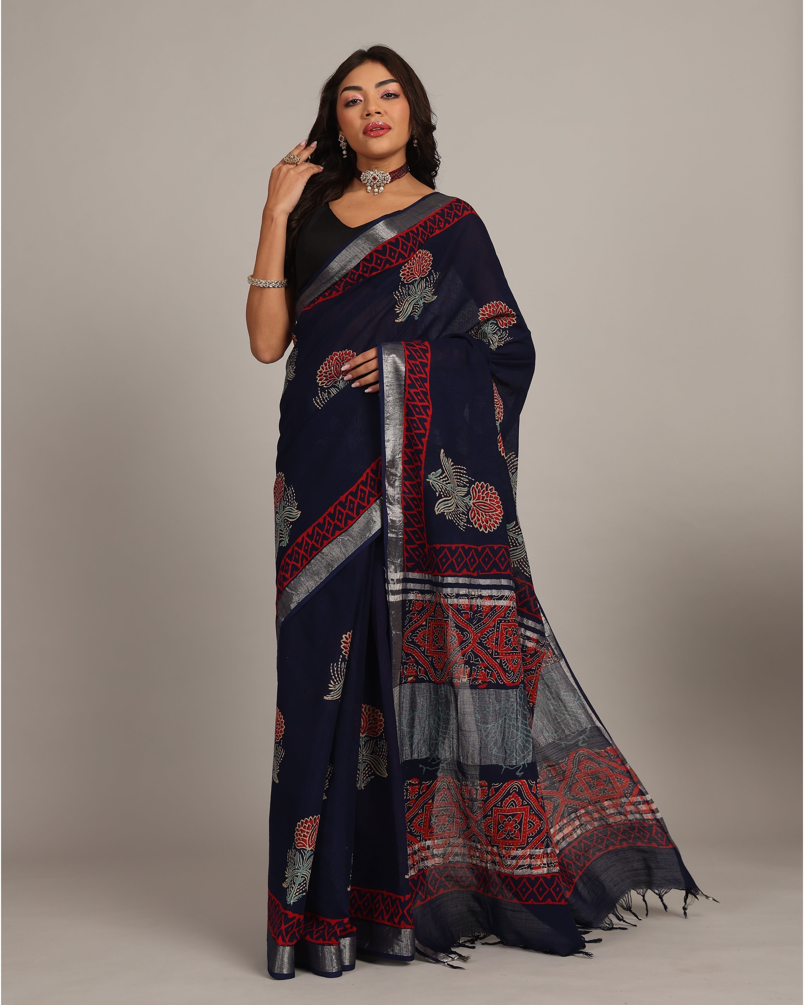 Midnight Blue Cotton Linen Saree