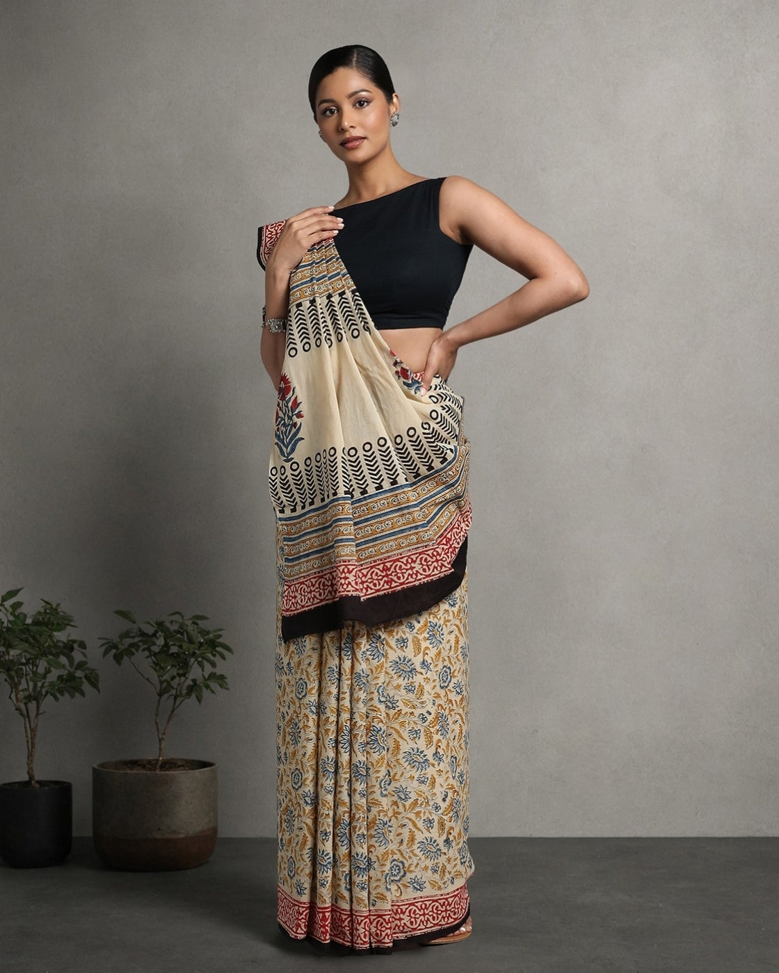 Beige & Blue Floral Cotton Mulmul Saree