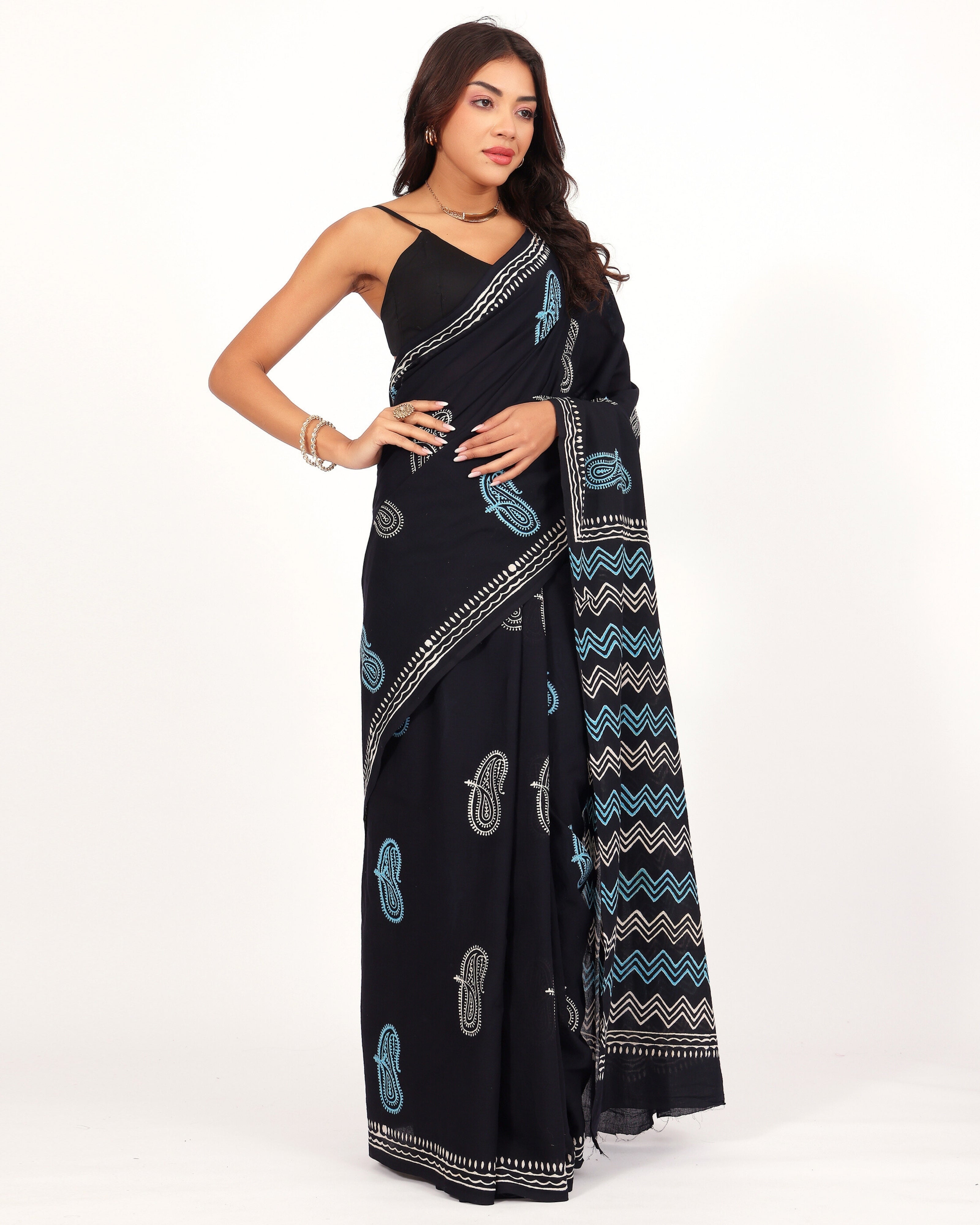 Black Paisley Cotton Mulmul Saree