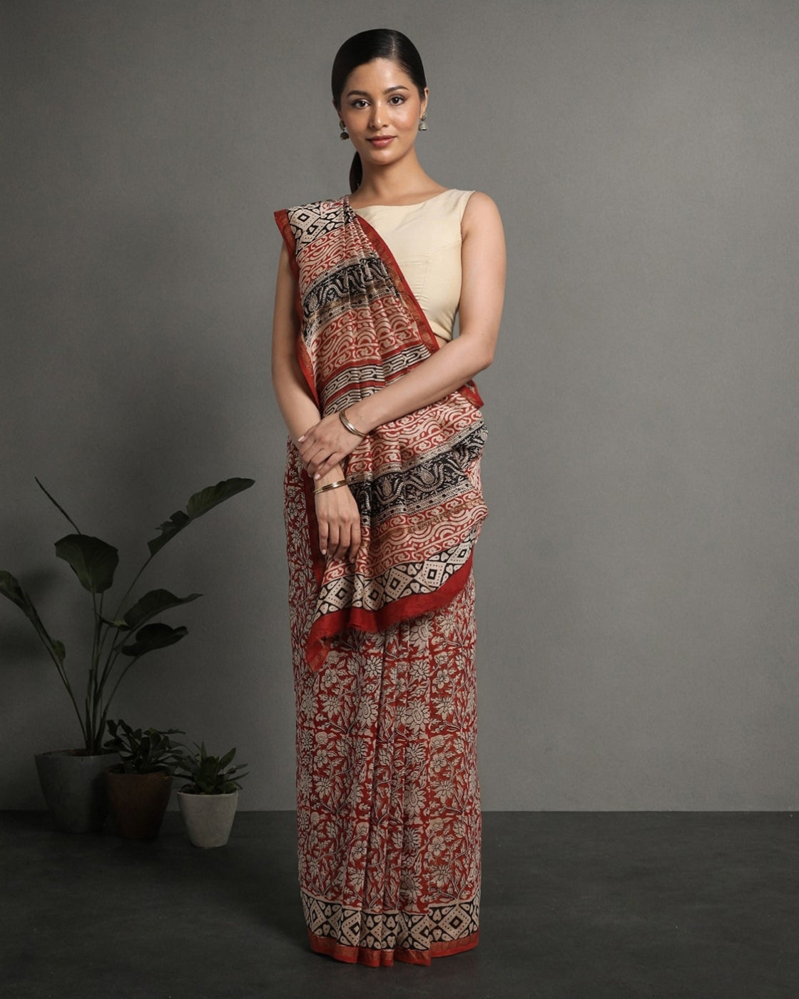 Cherry Red Floral Chanderi Saree