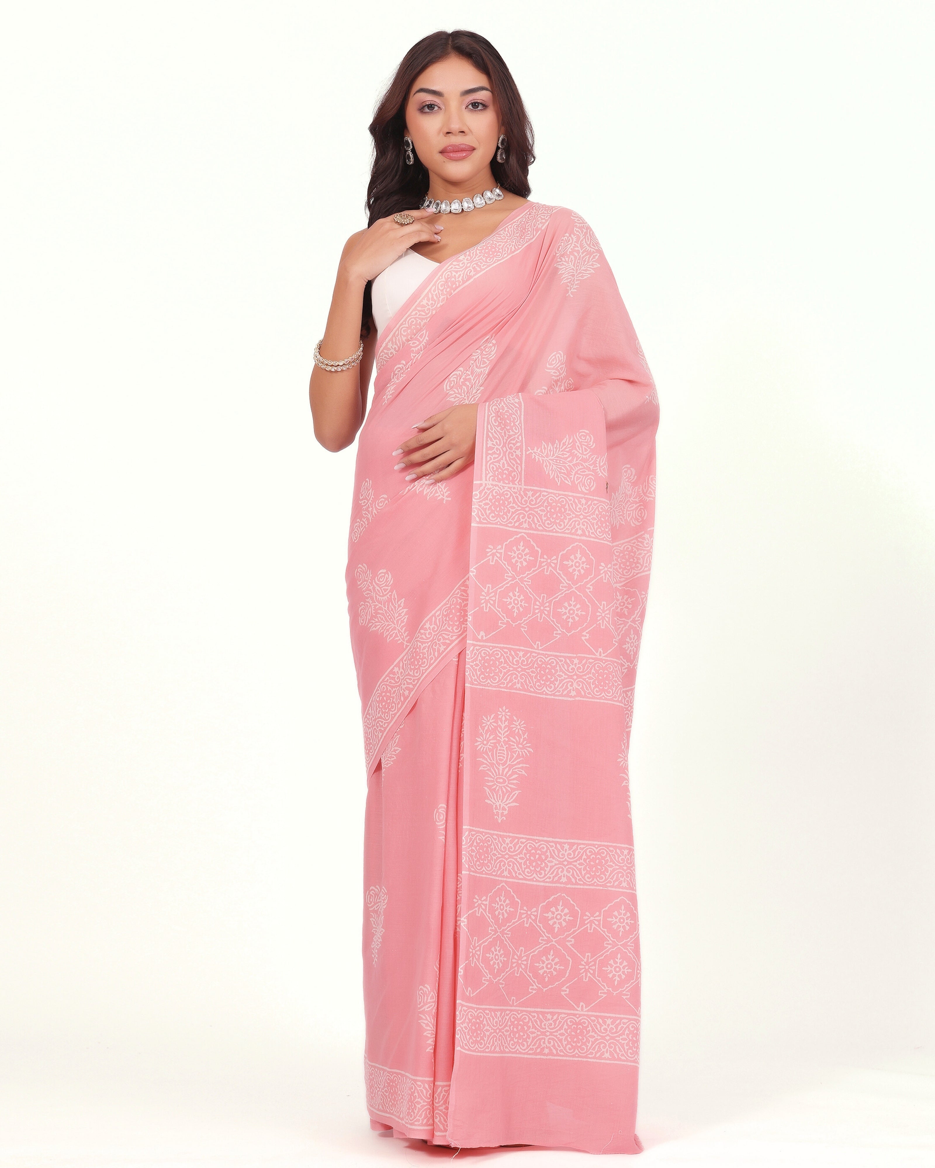 Pastel Pink Floral Cotton Mulmul Saree