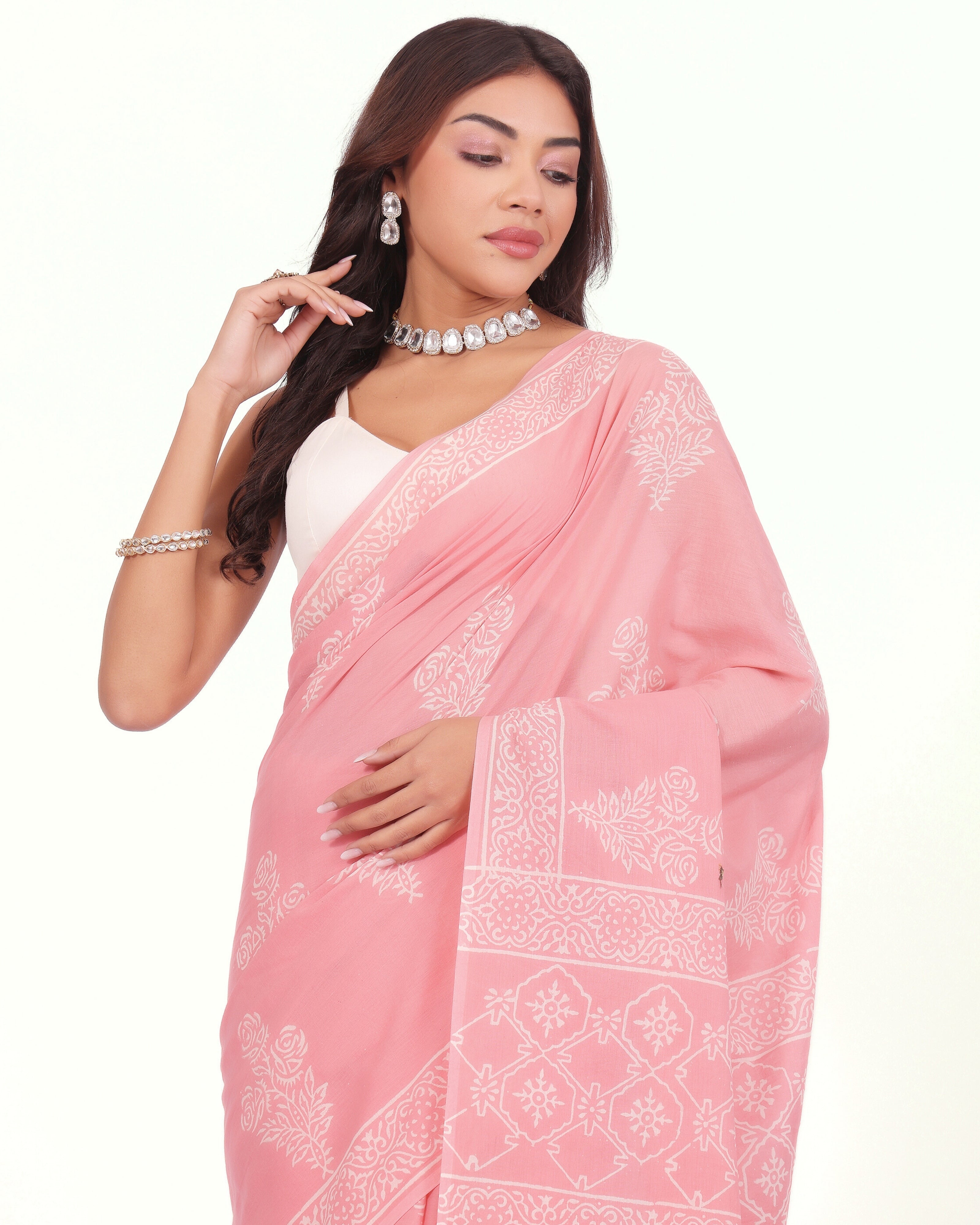 Pastel Pink Floral Cotton Mulmul Saree